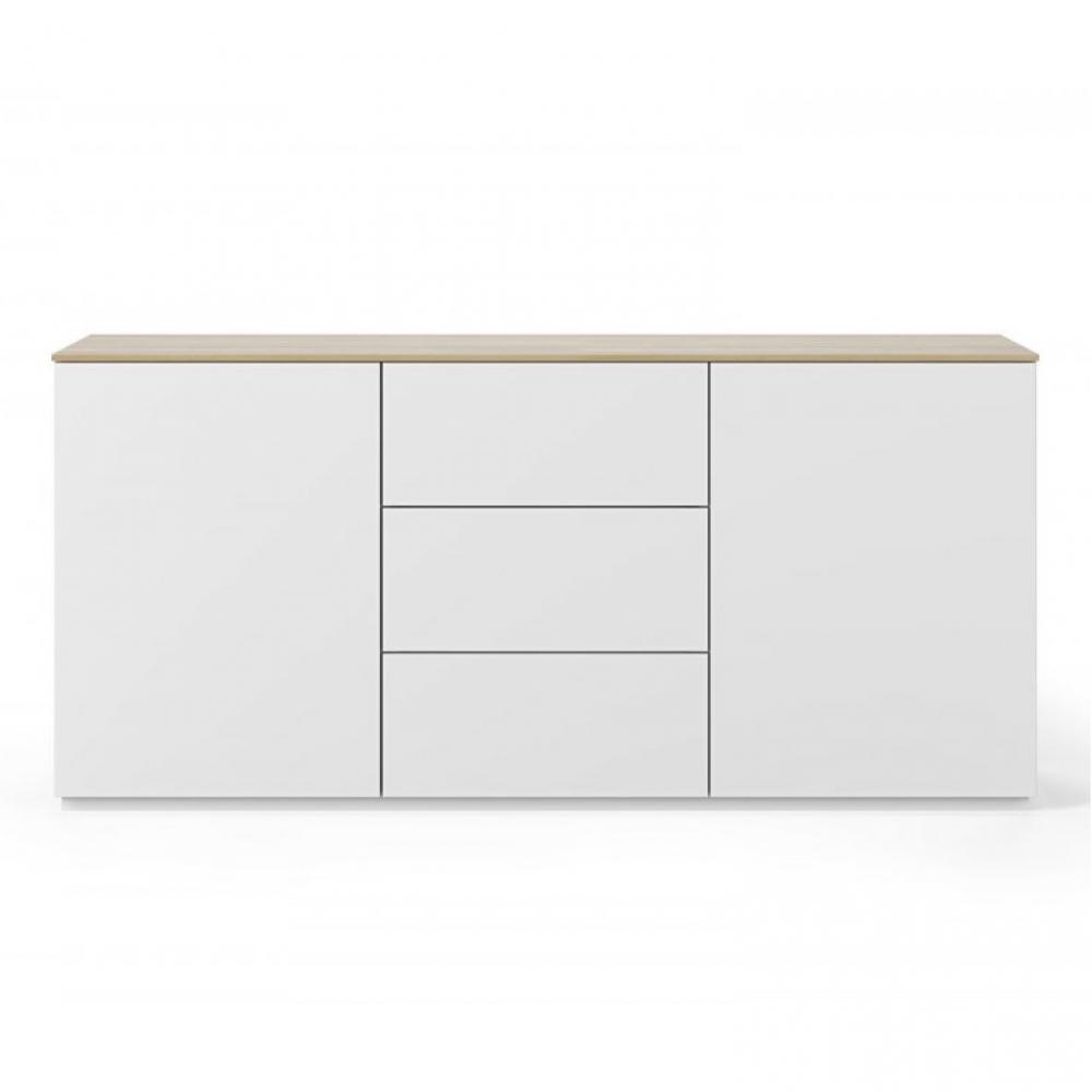Buffet WHITY 2 blanc mat 180cm 2 portes/3 tiroirs Plateau en bois de chêne clair